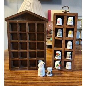 Vintage Lot Of 2 Wood Trinket Thimble House Shaped Display Shelves & 12 Thimbles